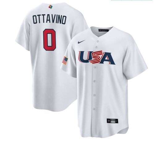 Men's USA Baseball #0 Adam Ottavino 2023 White World Baseball Classic Replica Stitched Jersey